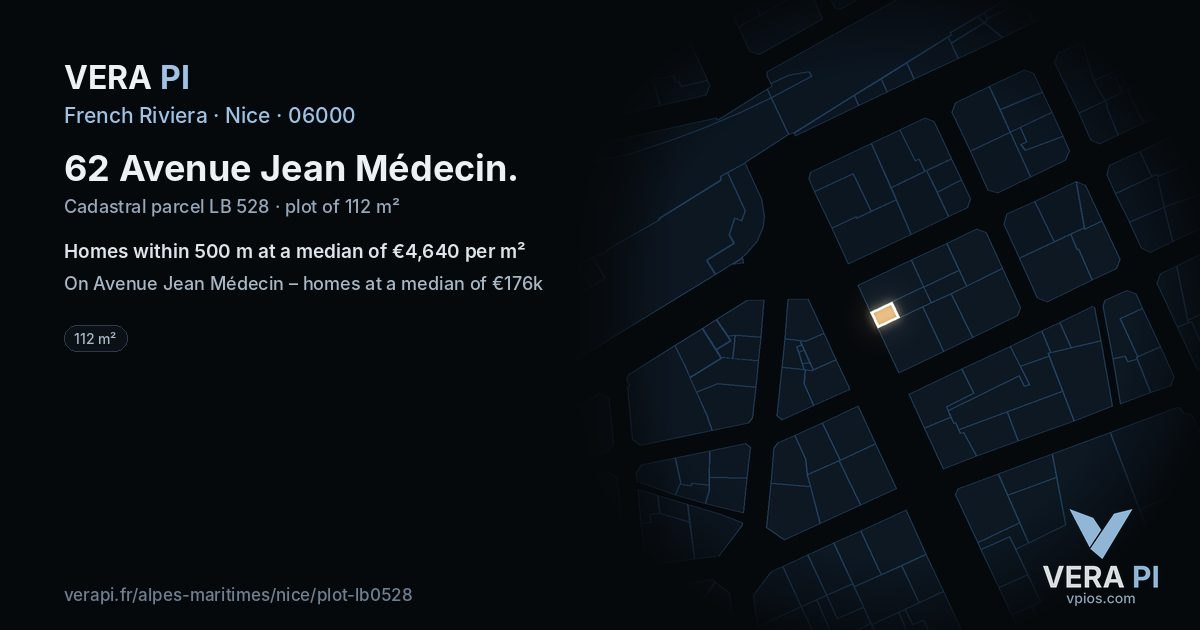 62 Avenue Jean Médecin, Nice at night – the plot lit, the parcels around coloured by the prices near them