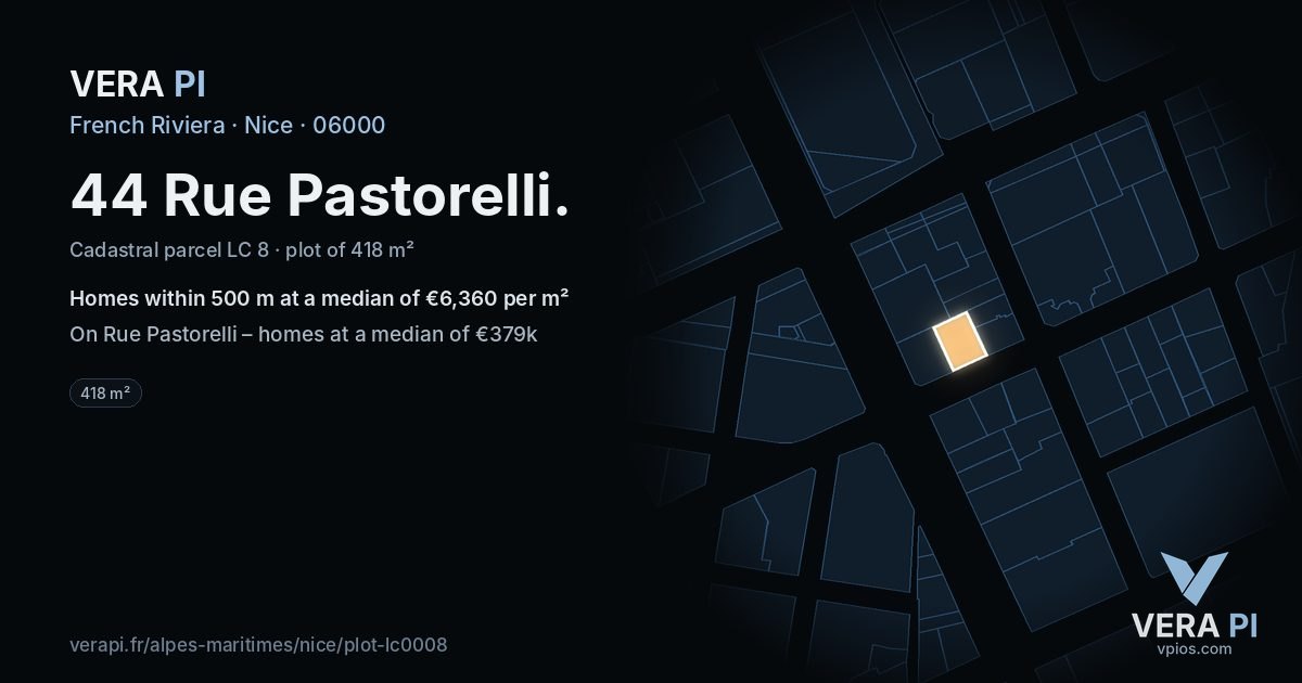 44 Rue Pastorelli, Nice at night – the plot lit, the parcels around coloured by the prices near them