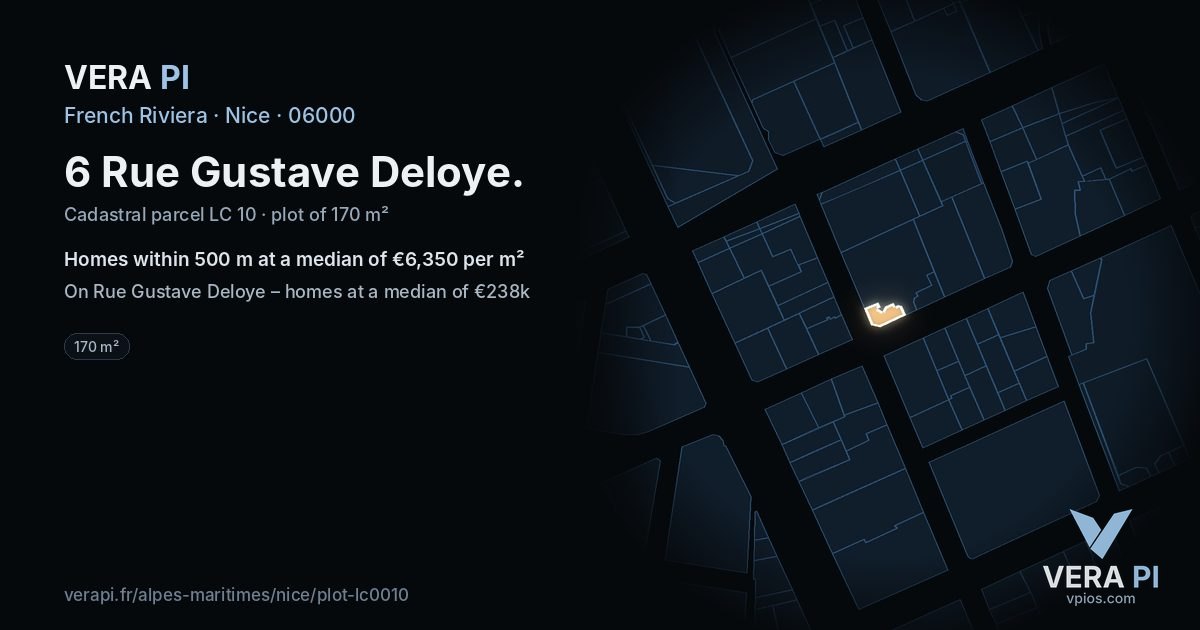 6 Rue Gustave Deloye, Nice at night – the plot lit, the parcels around coloured by the prices near them