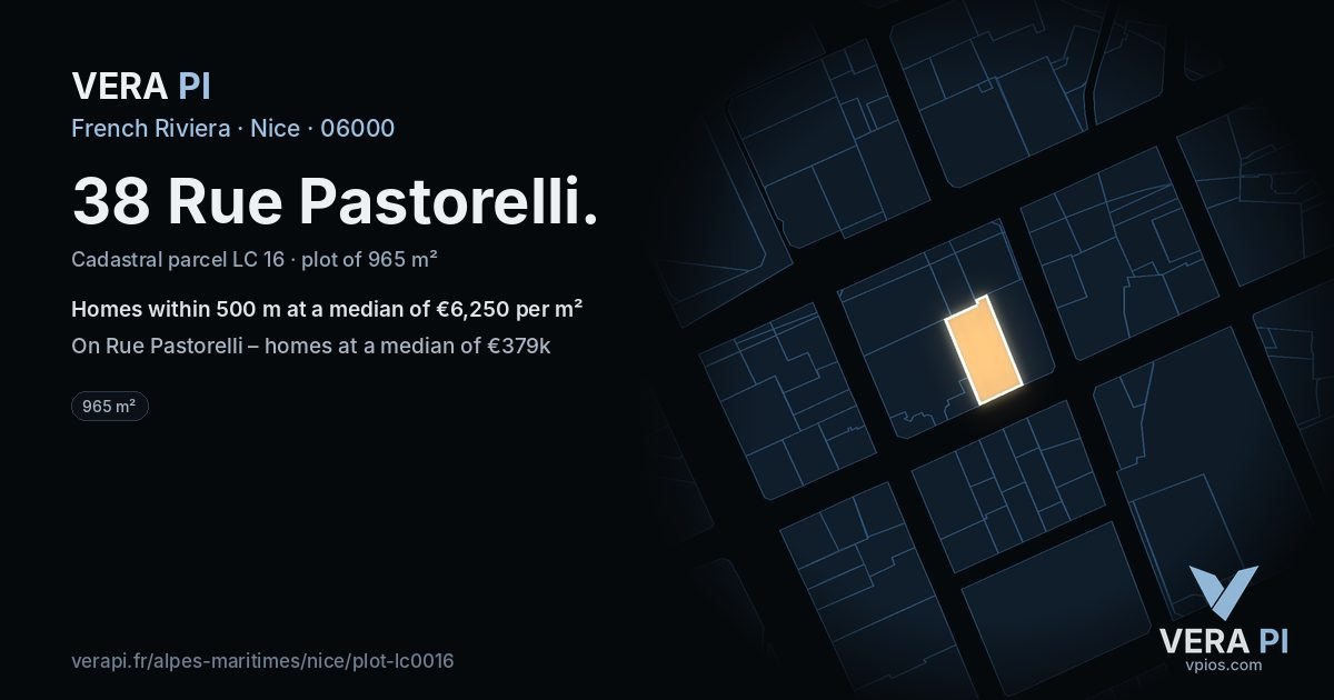 38 Rue Pastorelli, Nice at night – the plot lit, the parcels around coloured by the prices near them