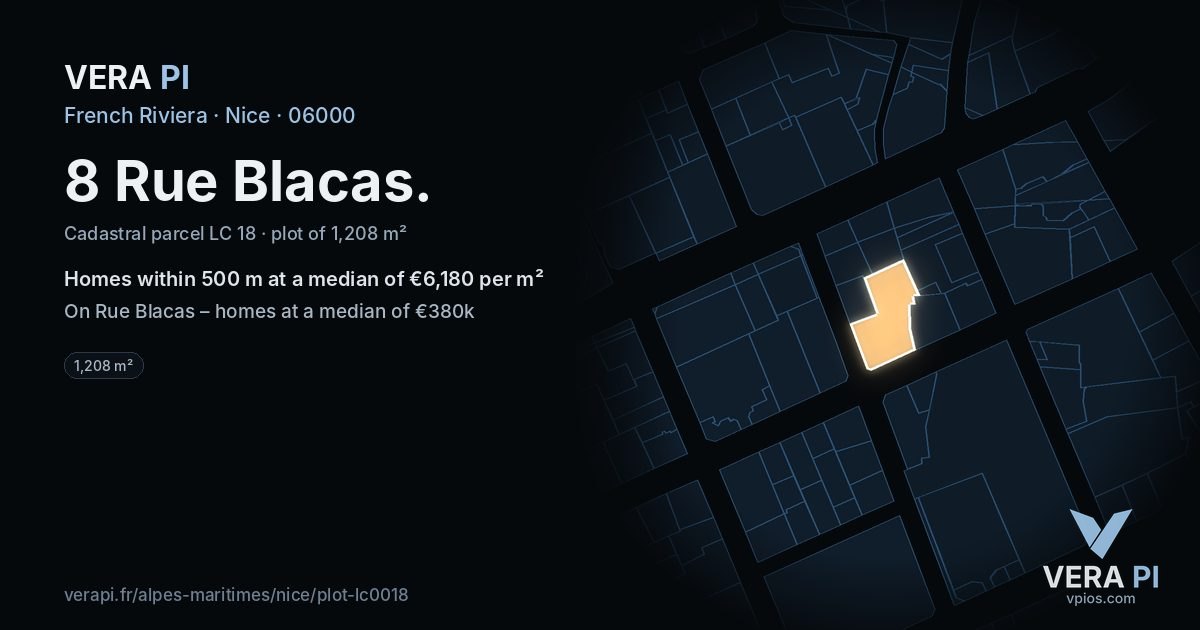8 Rue Blacas, Nice at night – the plot lit, the parcels around coloured by the prices near them