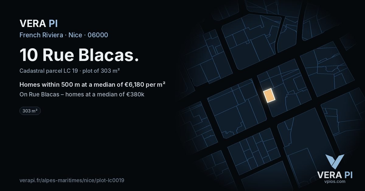 10 Rue Blacas, Nice at night – the plot lit, the parcels around coloured by the prices near them