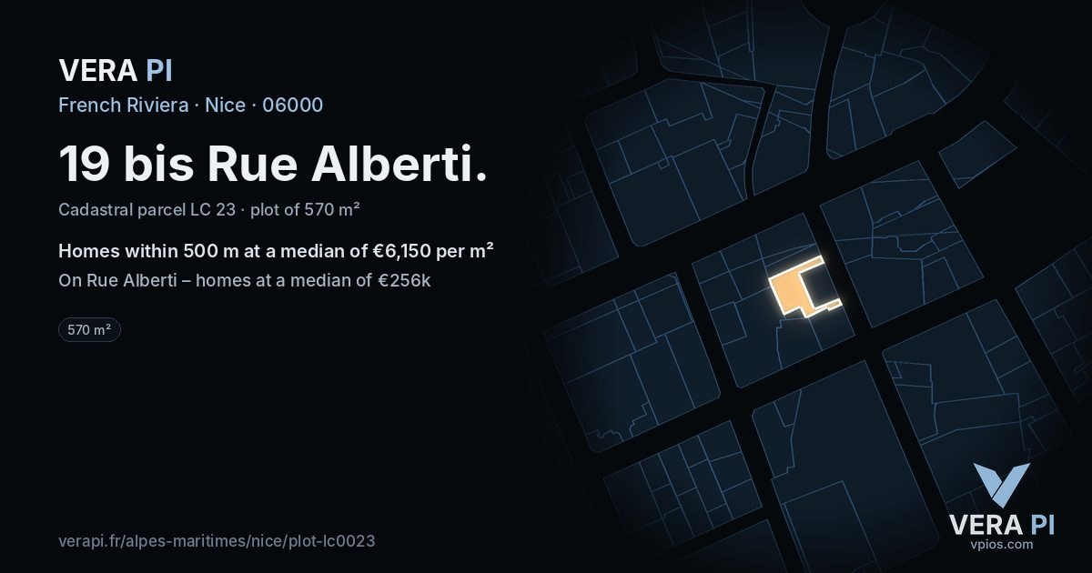 19 bis Rue Alberti, Nice at night – the plot lit, the parcels around coloured by the prices near them