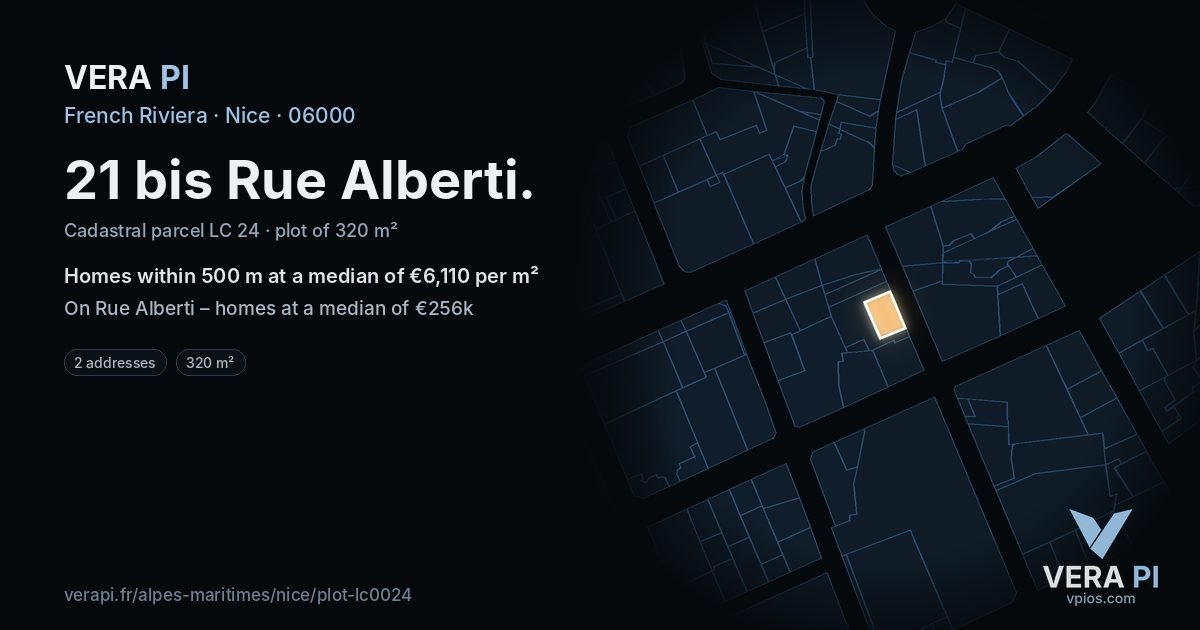 21 bis Rue Alberti, Nice at night – the plot lit, the parcels around coloured by the prices near them