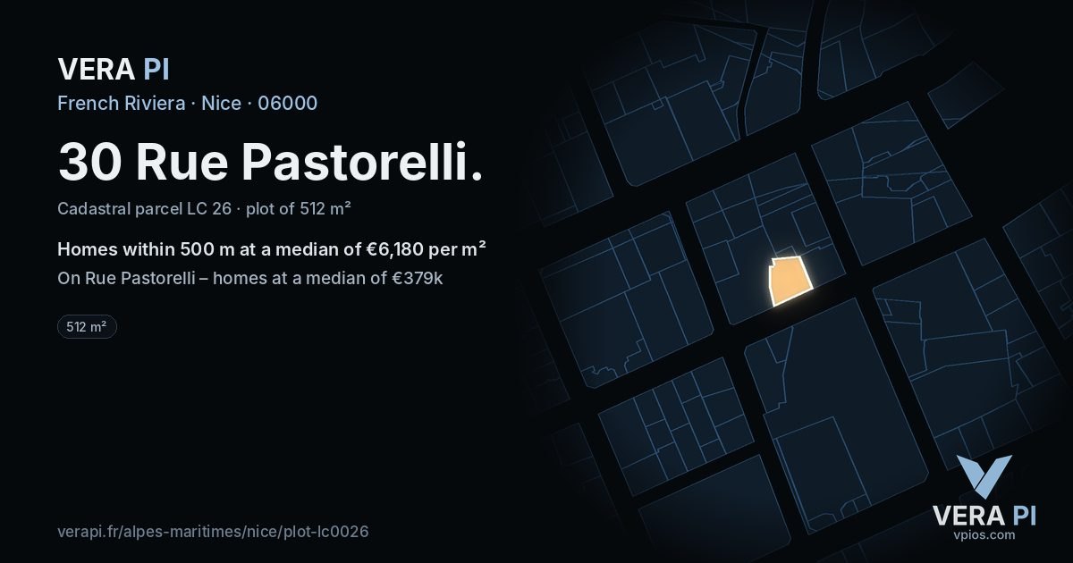 30 Rue Pastorelli, Nice at night – the plot lit, the parcels around coloured by the prices near them