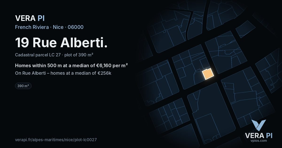 19 Rue Alberti, Nice at night – the plot lit, the parcels around coloured by the prices near them