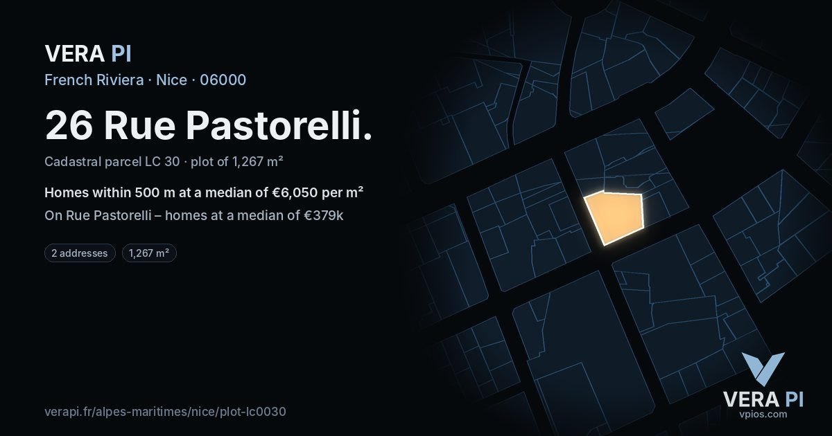 26 Rue Pastorelli, Nice at night – the plot lit, the parcels around coloured by the prices near them