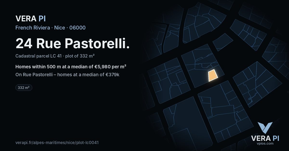 24 Rue Pastorelli, Nice at night – the plot lit, the parcels around coloured by the prices near them