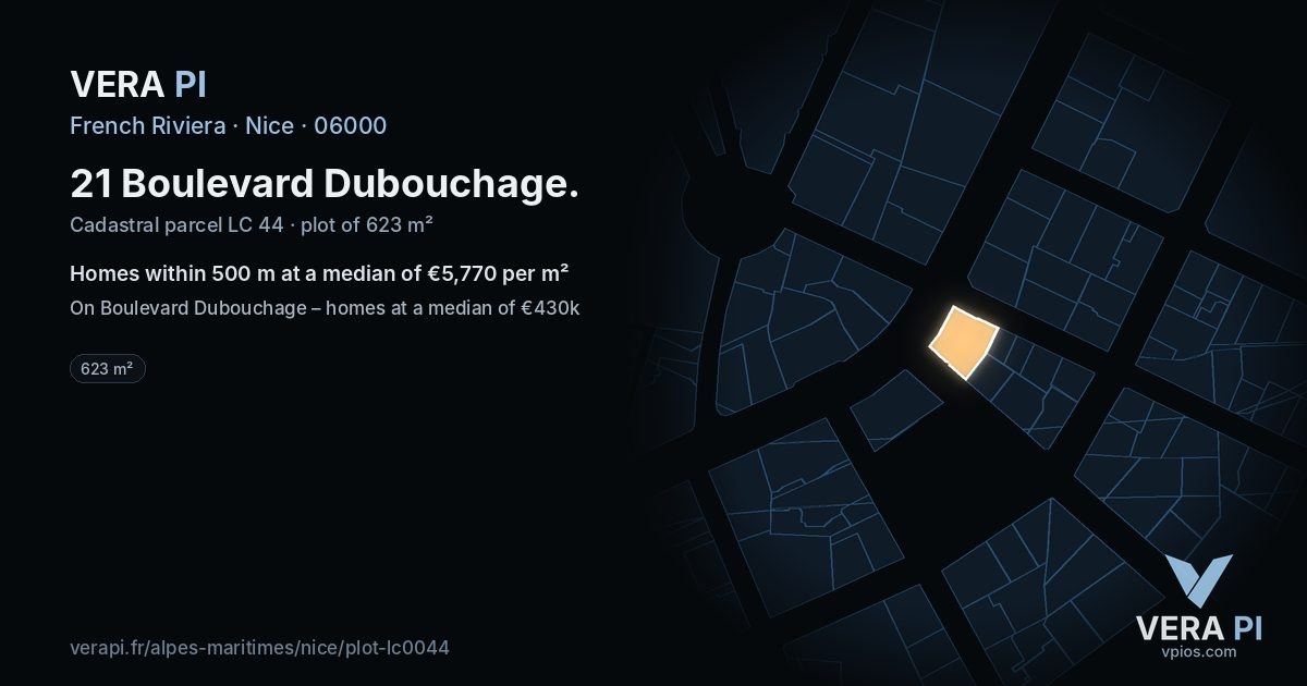 21 Boulevard Dubouchage, Nice at night – the plot lit, the parcels around coloured by the prices near them