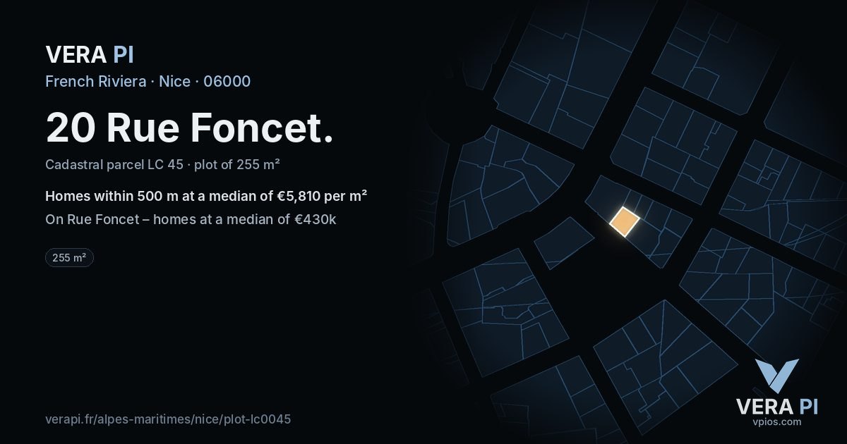 20 Rue Foncet, Nice at night – the plot lit, the parcels around coloured by the prices near them