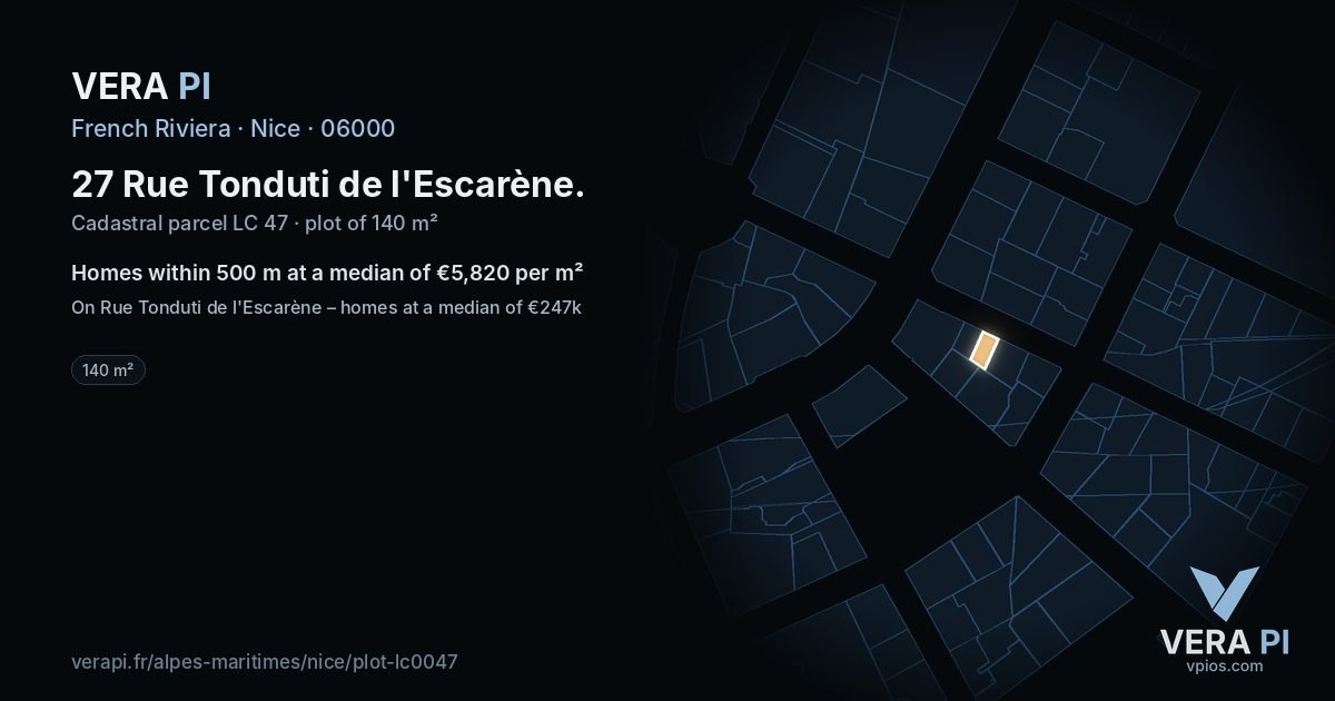 27 Rue Tonduti de l'Escarène, Nice at night – the plot lit, the parcels around coloured by the prices near them