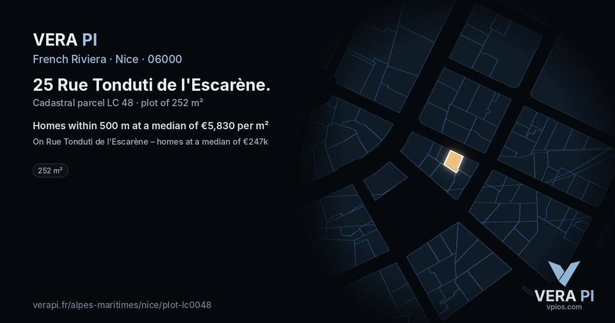 25 Rue Tonduti de l'Escarène, Nice at night – the plot lit, the parcels around coloured by the prices near them
