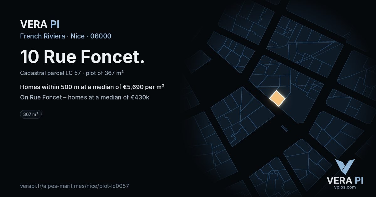 10 Rue Foncet, Nice at night – the plot lit, the parcels around coloured by the prices near them