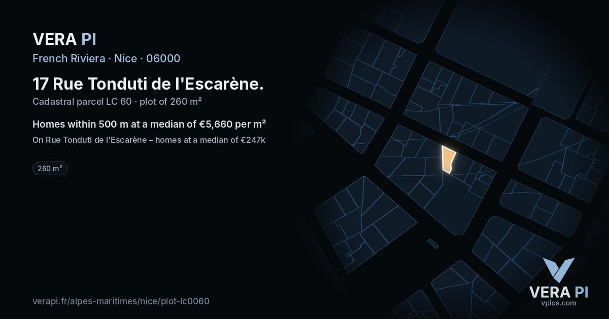 17 Rue Tonduti de l'Escarène, Nice at night – the plot lit, the parcels around coloured by the prices near them