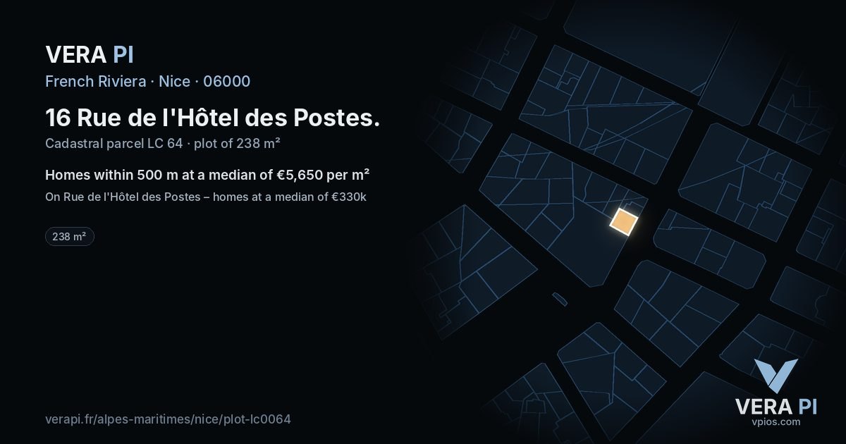 16 Rue de l'Hôtel des Postes, Nice at night – the plot lit, the parcels around coloured by the prices near them