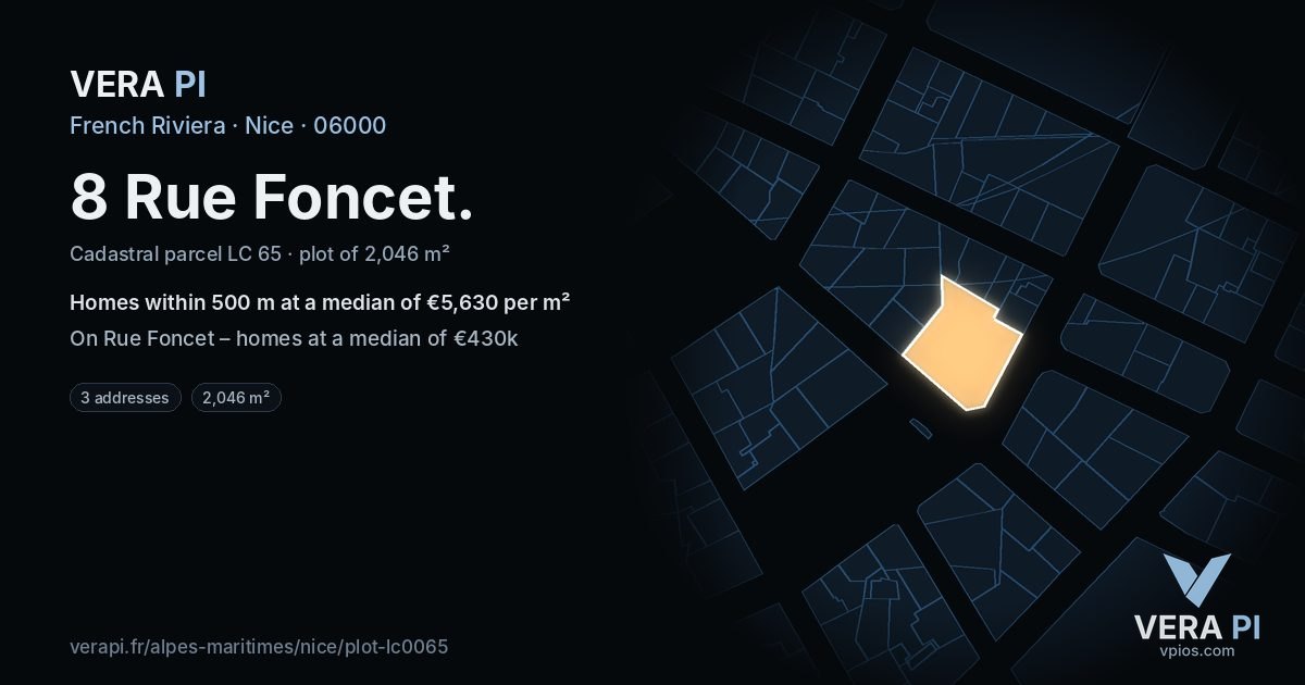 8 Rue Foncet, Nice at night – the plot lit, the parcels around coloured by the prices near them