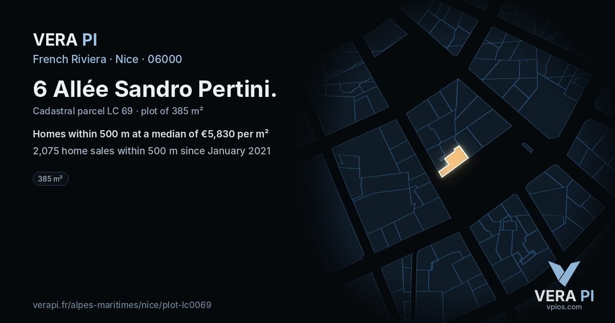 6 Allée Sandro Pertini, Nice at night – the plot lit, the parcels around coloured by the prices near them