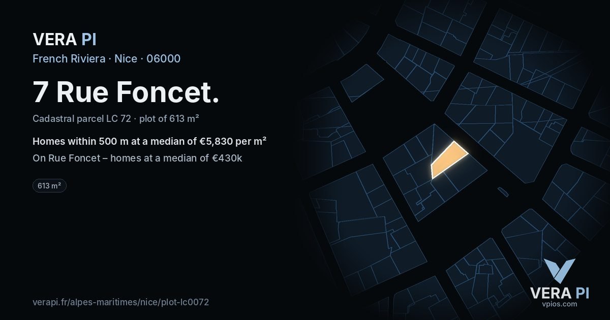 7 Rue Foncet, Nice at night – the plot lit, the parcels around coloured by the prices near them