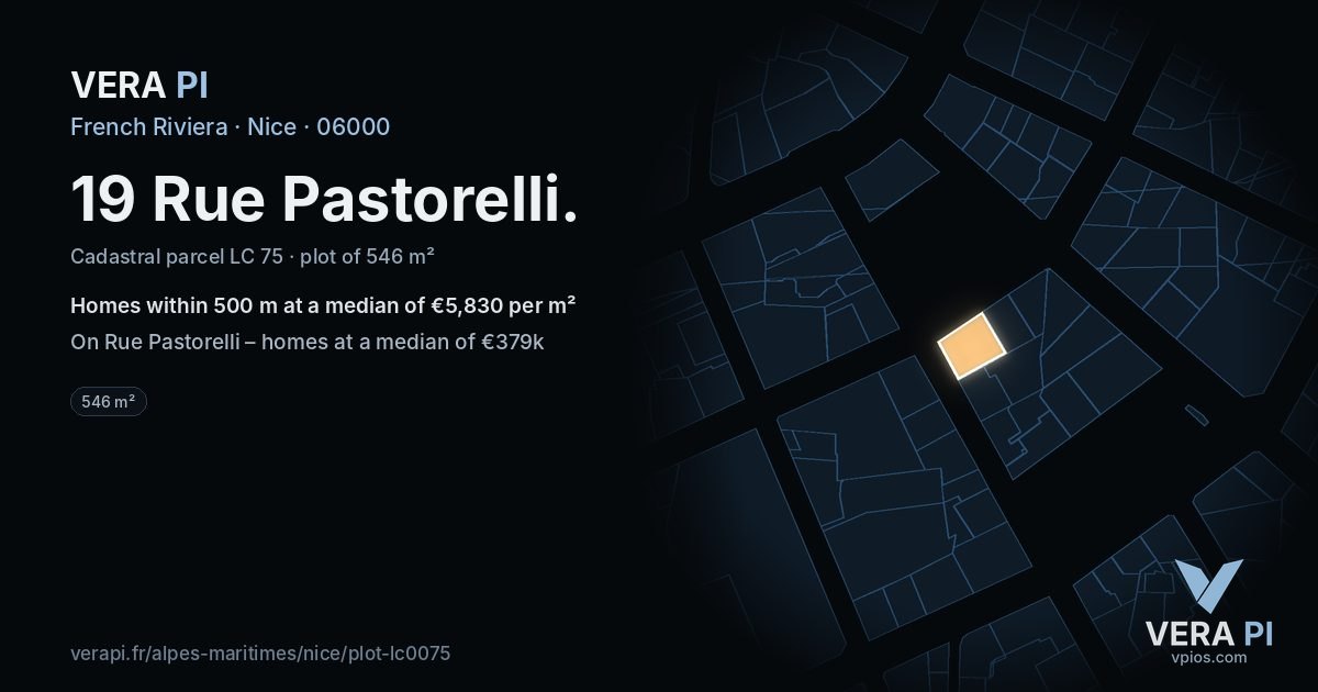 19 Rue Pastorelli, Nice at night – the plot lit, the parcels around coloured by the prices near them