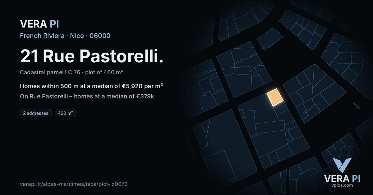 21 Rue Pastorelli, Nice at night – the plot lit, the parcels around coloured by the prices near them
