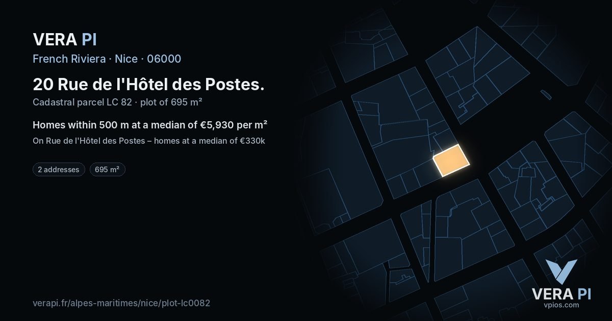 20 Rue de l'Hôtel des Postes, Nice at night – the plot lit, the parcels around coloured by the prices near them
