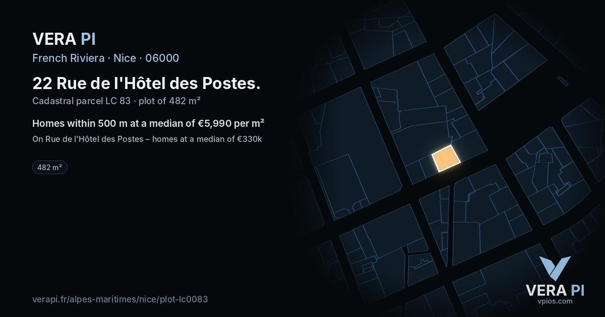 22 Rue de l'Hôtel des Postes, Nice at night – the plot lit, the parcels around coloured by the prices near them