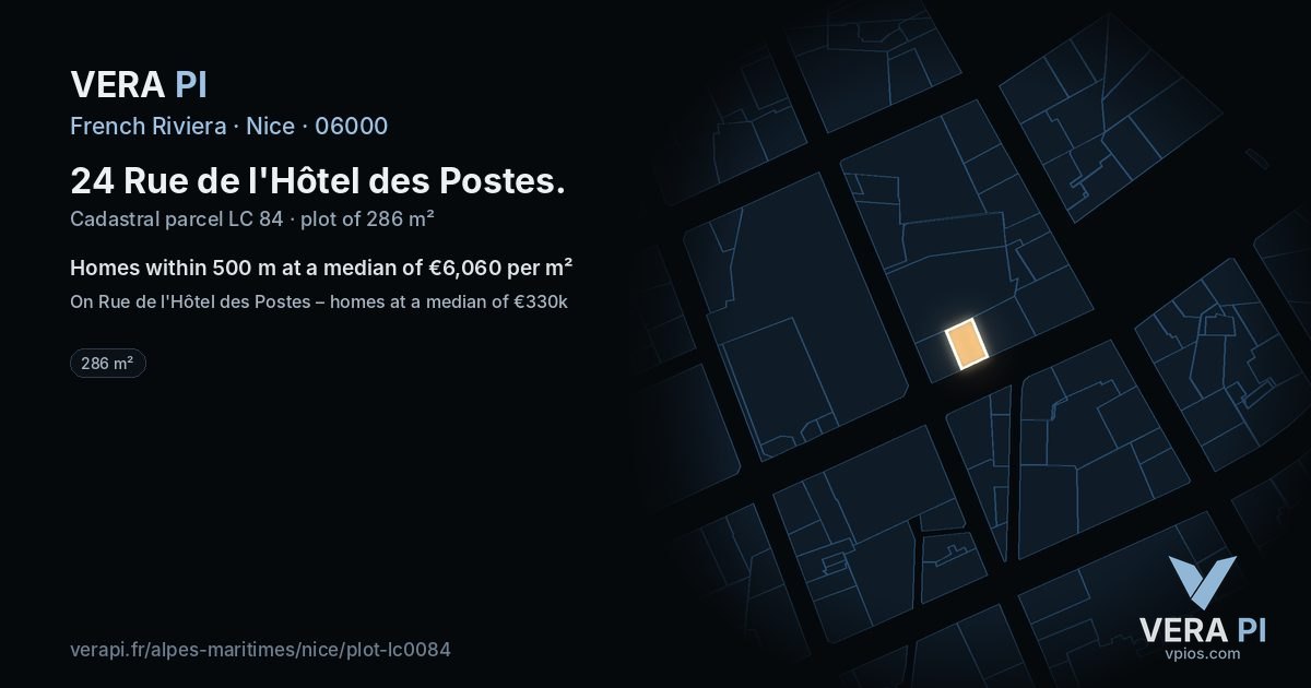 24 Rue de l'Hôtel des Postes, Nice at night – the plot lit, the parcels around coloured by the prices near them