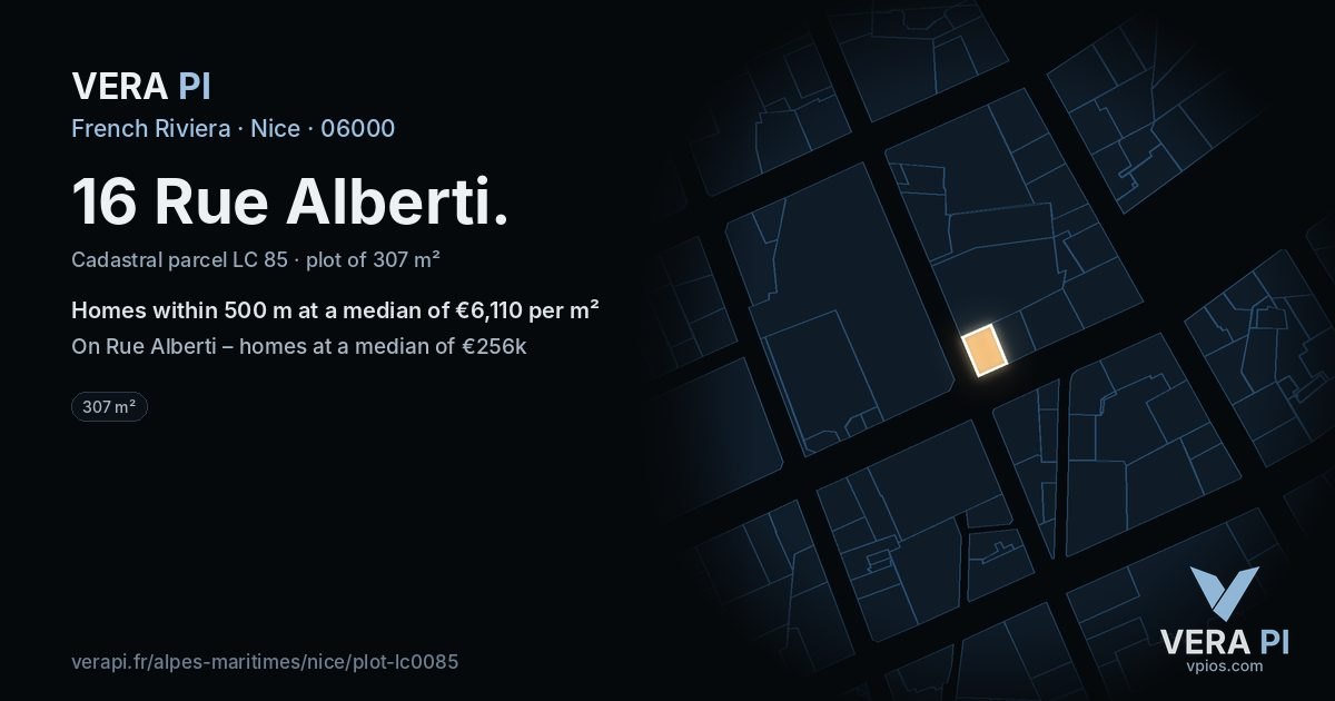 16 Rue Alberti, Nice at night – the plot lit, the parcels around coloured by the prices near them