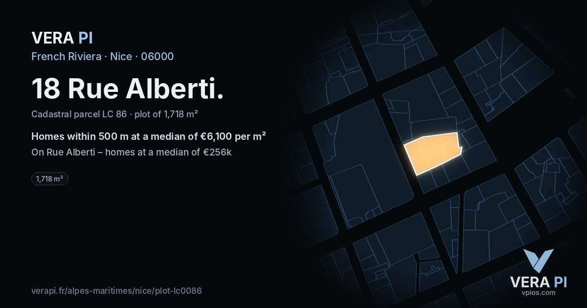 18 Rue Alberti, Nice at night – the plot lit, the parcels around coloured by the prices near them