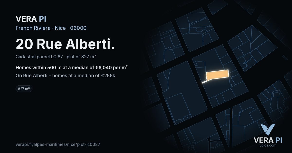 20 Rue Alberti, Nice at night – the plot lit, the parcels around coloured by the prices near them
