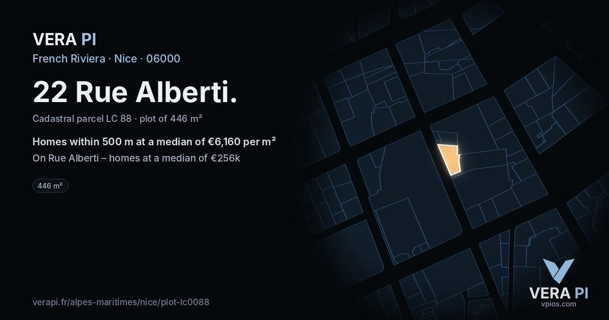 22 Rue Alberti, Nice at night – the plot lit, the parcels around coloured by the prices near them