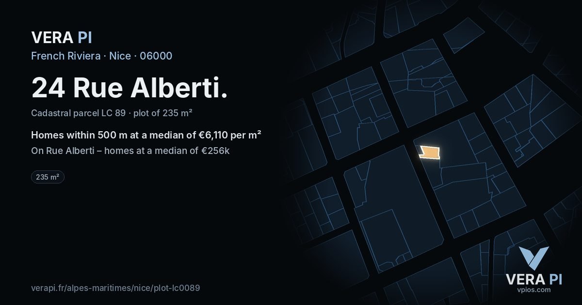 24 Rue Alberti, Nice at night – the plot lit, the parcels around coloured by the prices near them