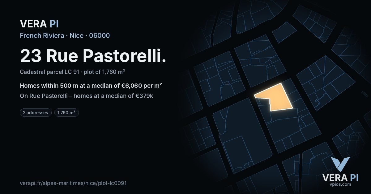 23 Rue Pastorelli, Nice at night – the plot lit, the parcels around coloured by the prices near them