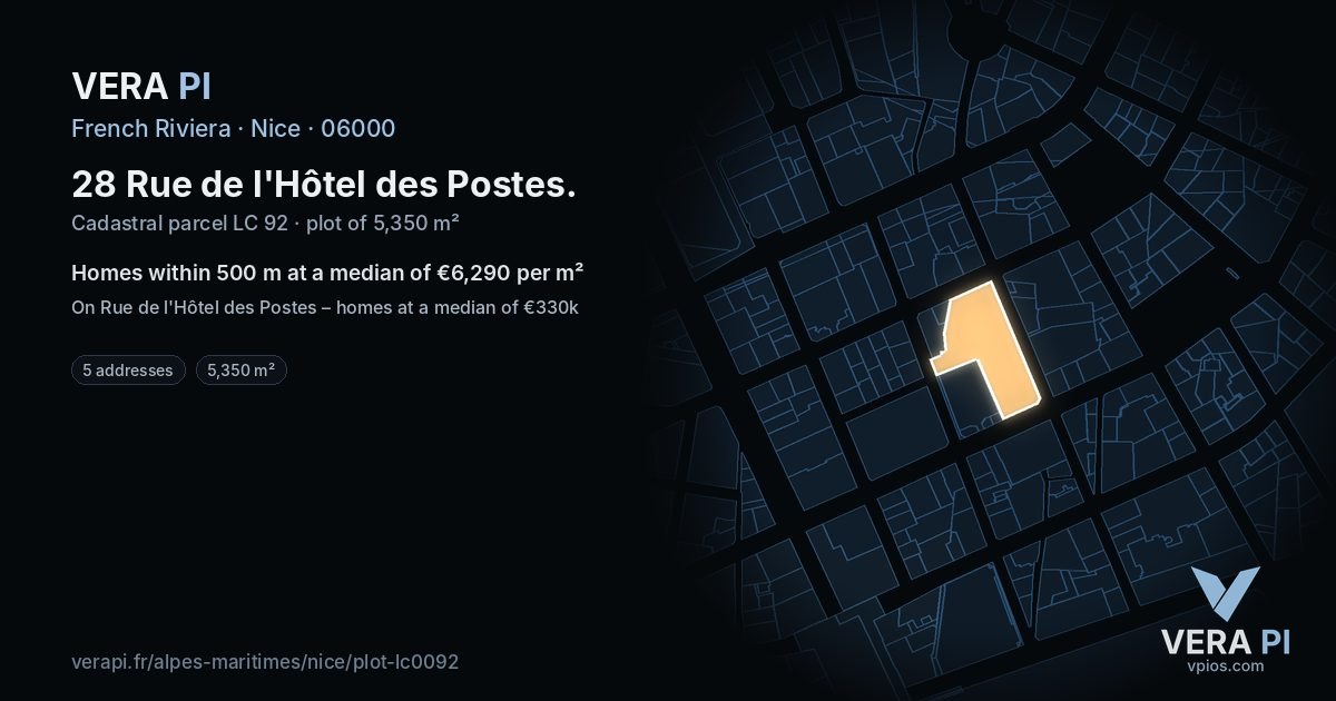 28 Rue de l'Hôtel des Postes, Nice at night – the plot lit, the parcels around coloured by the prices near them