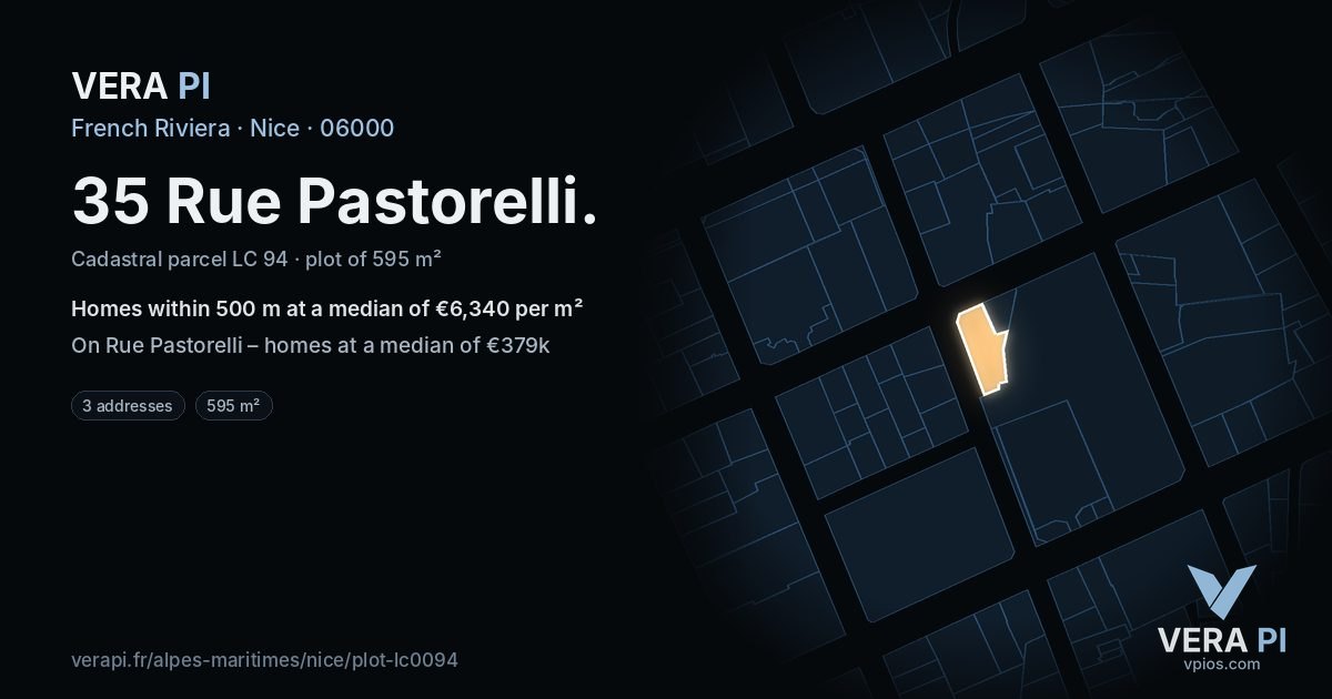 35 Rue Pastorelli, Nice at night – the plot lit, the parcels around coloured by the prices near them
