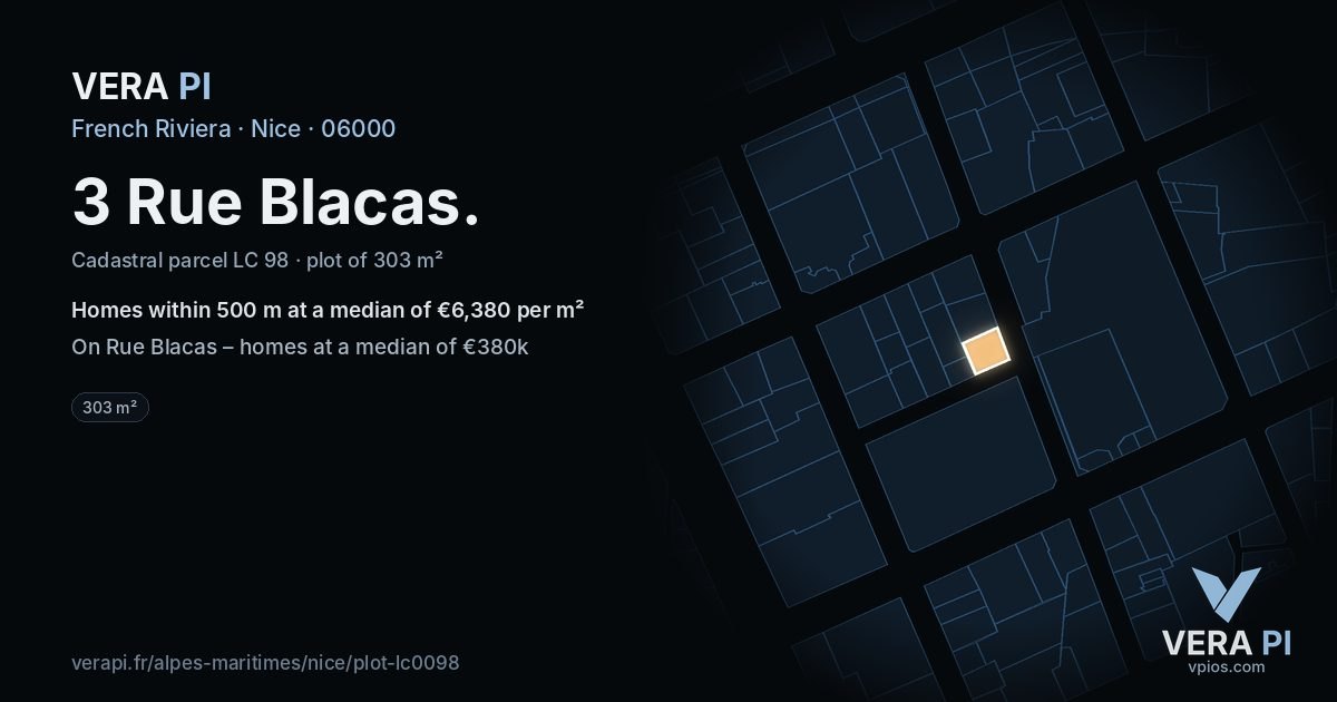 3 Rue Blacas, Nice at night – the plot lit, the parcels around coloured by the prices near them