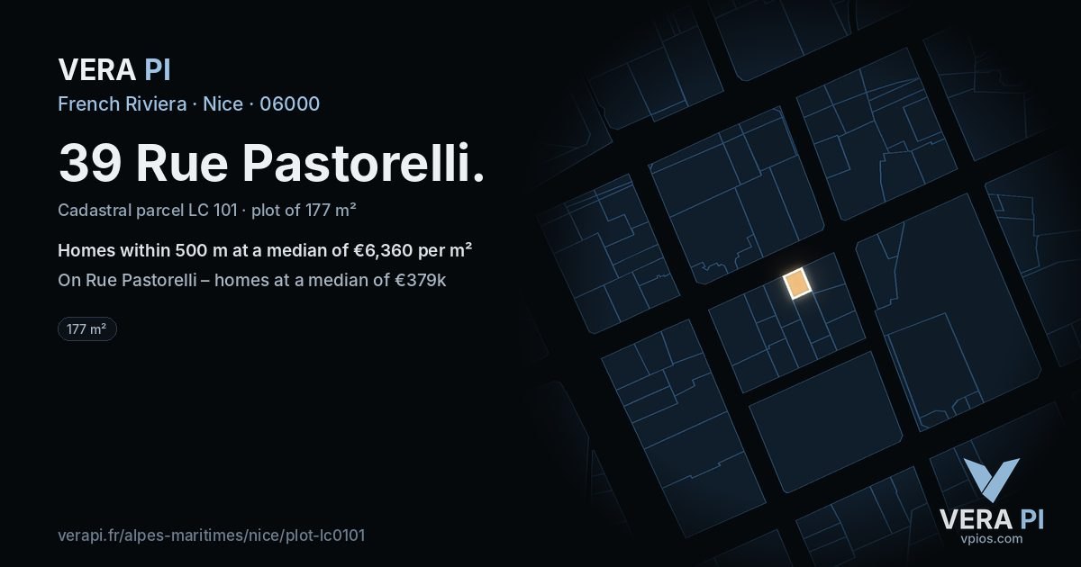39 Rue Pastorelli, Nice at night – the plot lit, the parcels around coloured by the prices near them