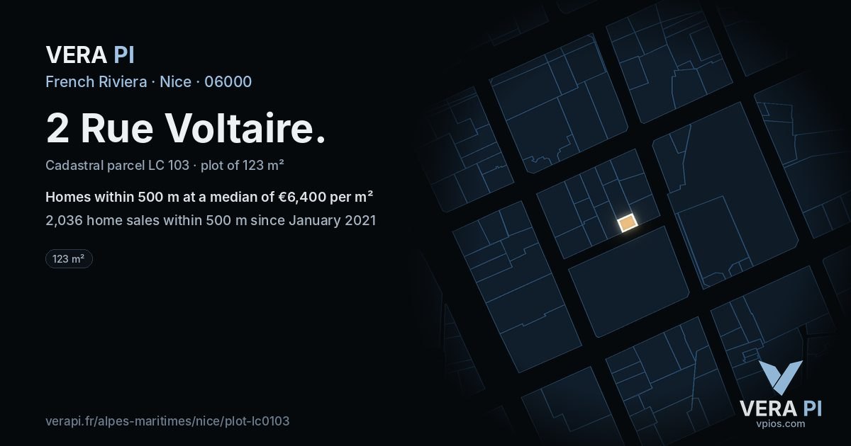 2 Rue Voltaire, Nice at night – the plot lit, the parcels around coloured by the prices near them