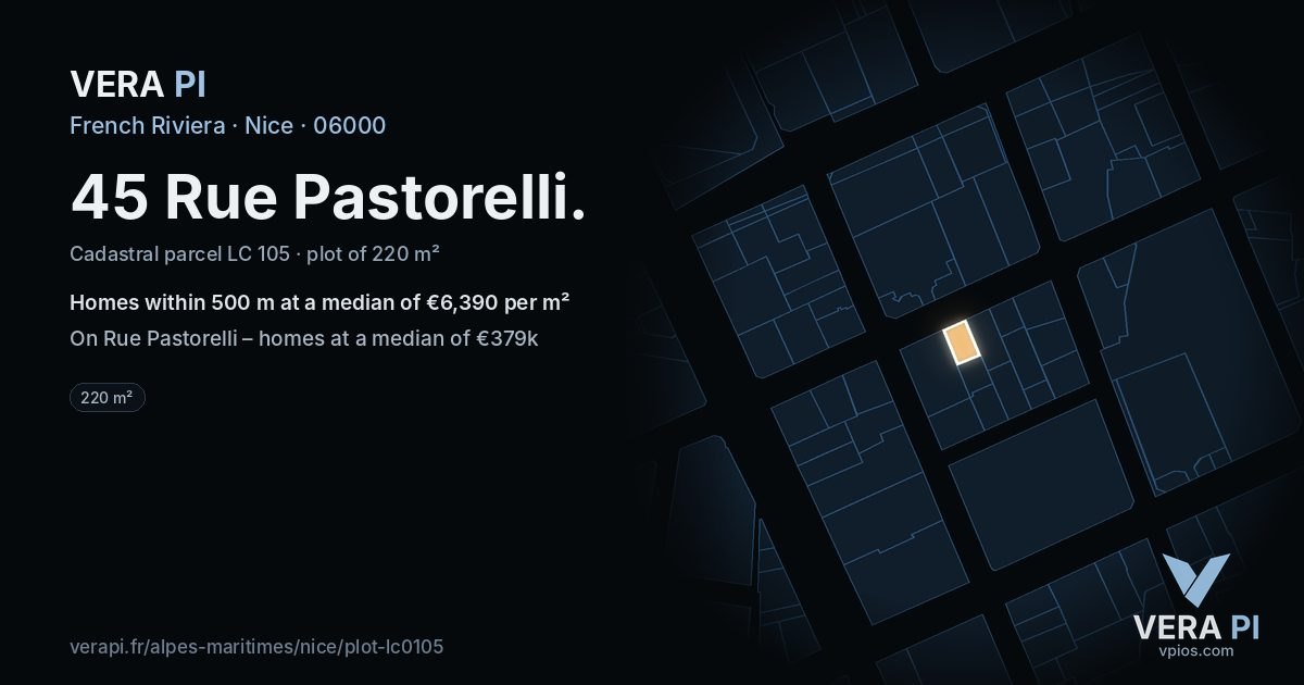 45 Rue Pastorelli, Nice at night – the plot lit, the parcels around coloured by the prices near them