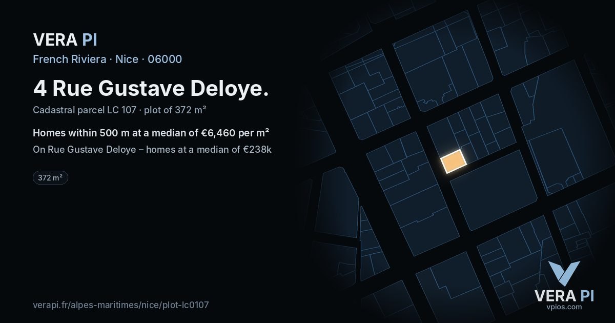 4 Rue Gustave Deloye, Nice at night – the plot lit, the parcels around coloured by the prices near them