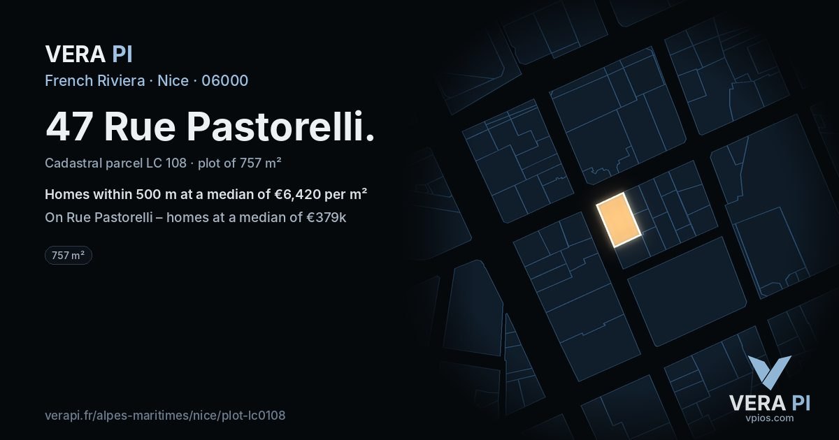 47 Rue Pastorelli, Nice at night – the plot lit, the parcels around coloured by the prices near them