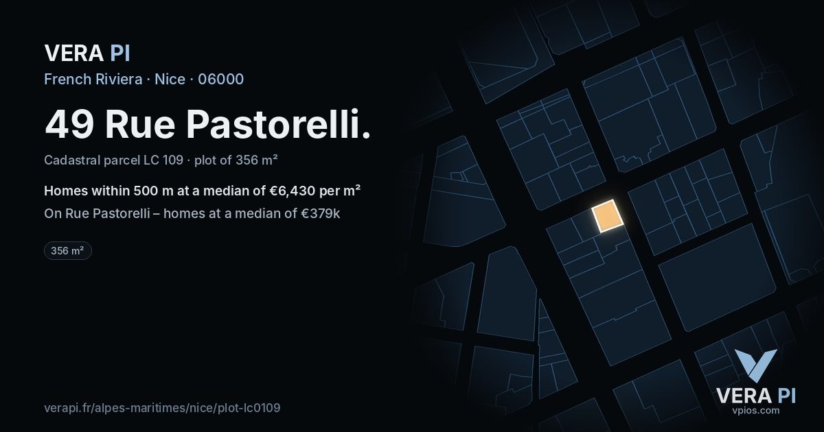49 Rue Pastorelli, Nice at night – the plot lit, the parcels around coloured by the prices near them