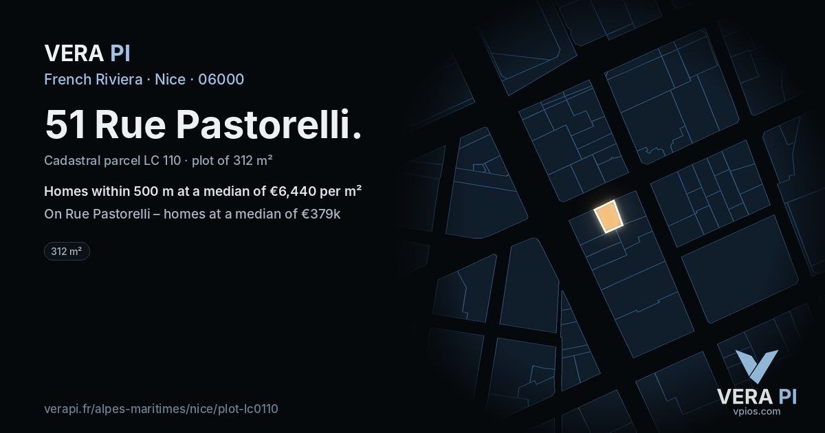 51 Rue Pastorelli, Nice at night – the plot lit, the parcels around coloured by the prices near them