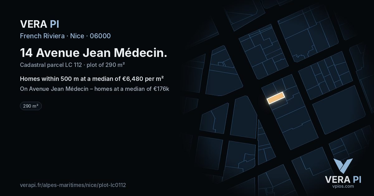 14 Avenue Jean Médecin, Nice at night – the plot lit, the parcels around coloured by the prices near them
