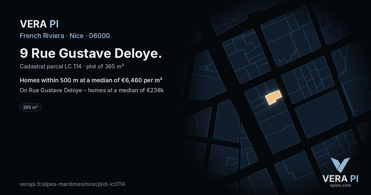 9 Rue Gustave Deloye, Nice at night – the plot lit, the parcels around coloured by the prices near them