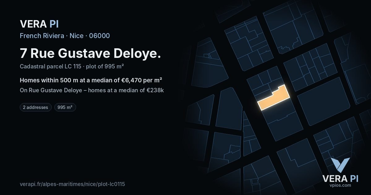 7 Rue Gustave Deloye, Nice at night – the plot lit, the parcels around coloured by the prices near them