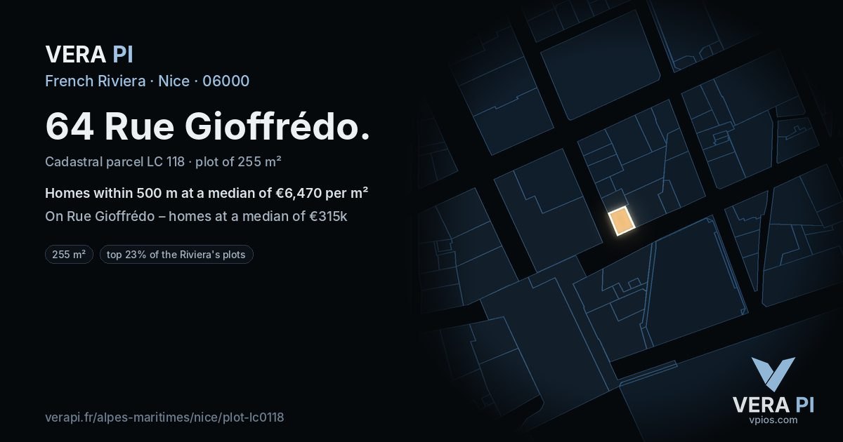 64 Rue Gioffrédo, Nice at night – the plot lit, the parcels around coloured by the prices near them