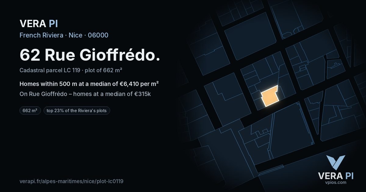 62 Rue Gioffrédo, Nice at night – the plot lit, the parcels around coloured by the prices near them