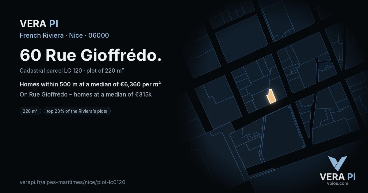 60 Rue Gioffrédo, Nice at night – the plot lit, the parcels around coloured by the prices near them