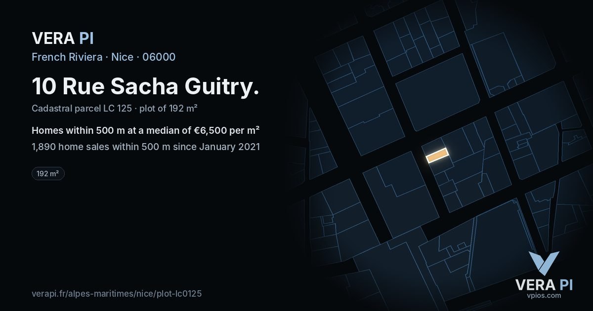 10 Rue Sacha Guitry, Nice at night – the plot lit, the parcels around coloured by the prices near them